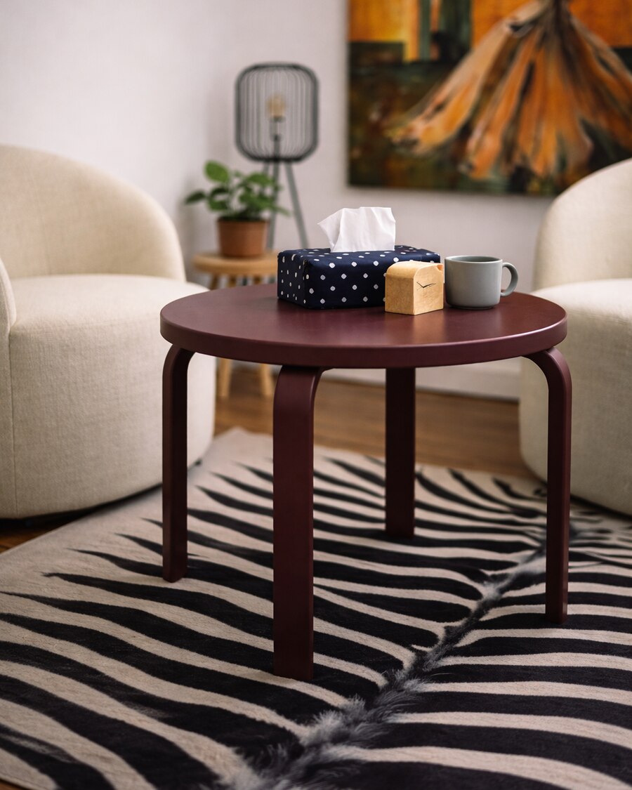 Aubergine round table in situ